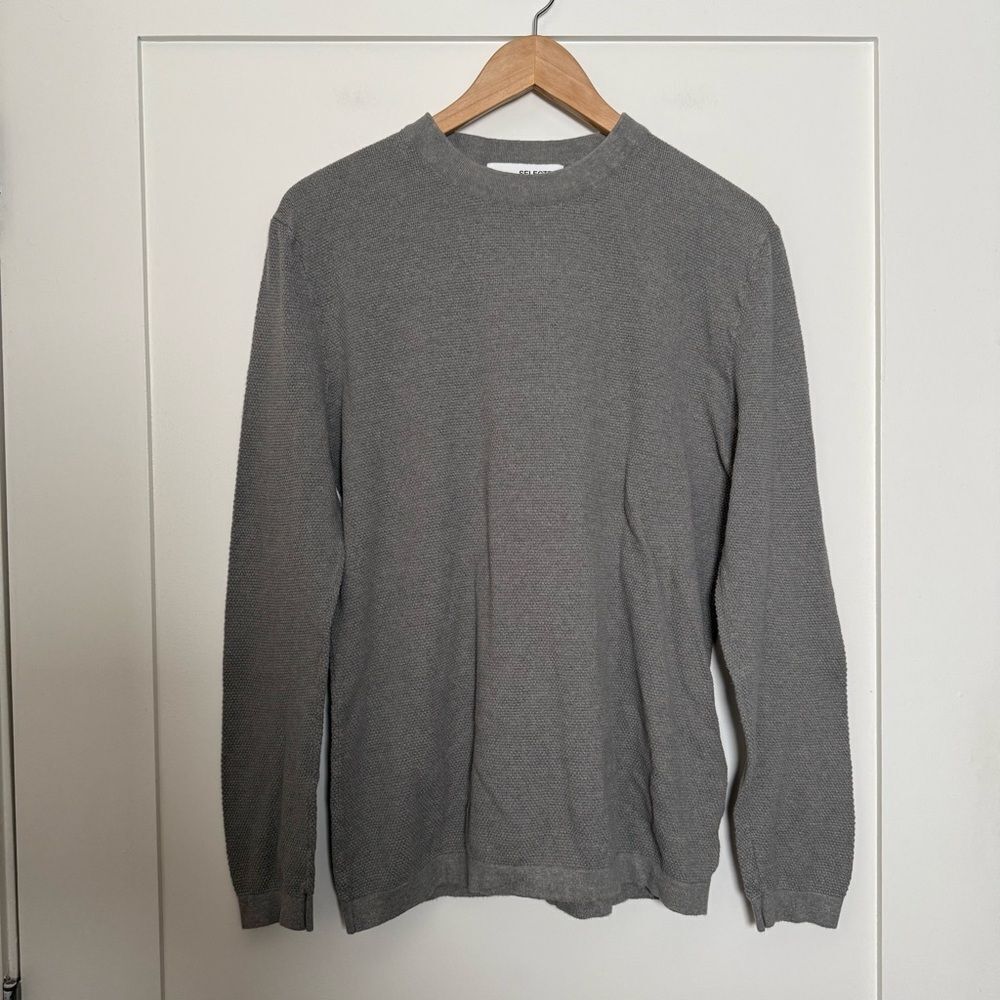Selected Homme Sweater Mens Sz L Gray Knit Crew Neck Organic Cotton Minimalist
